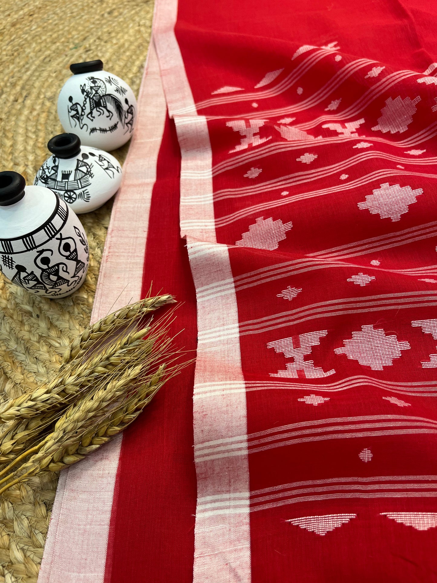 Vibrant Red Cotton Tangail Saree with Geometric Motifs - WEVOW