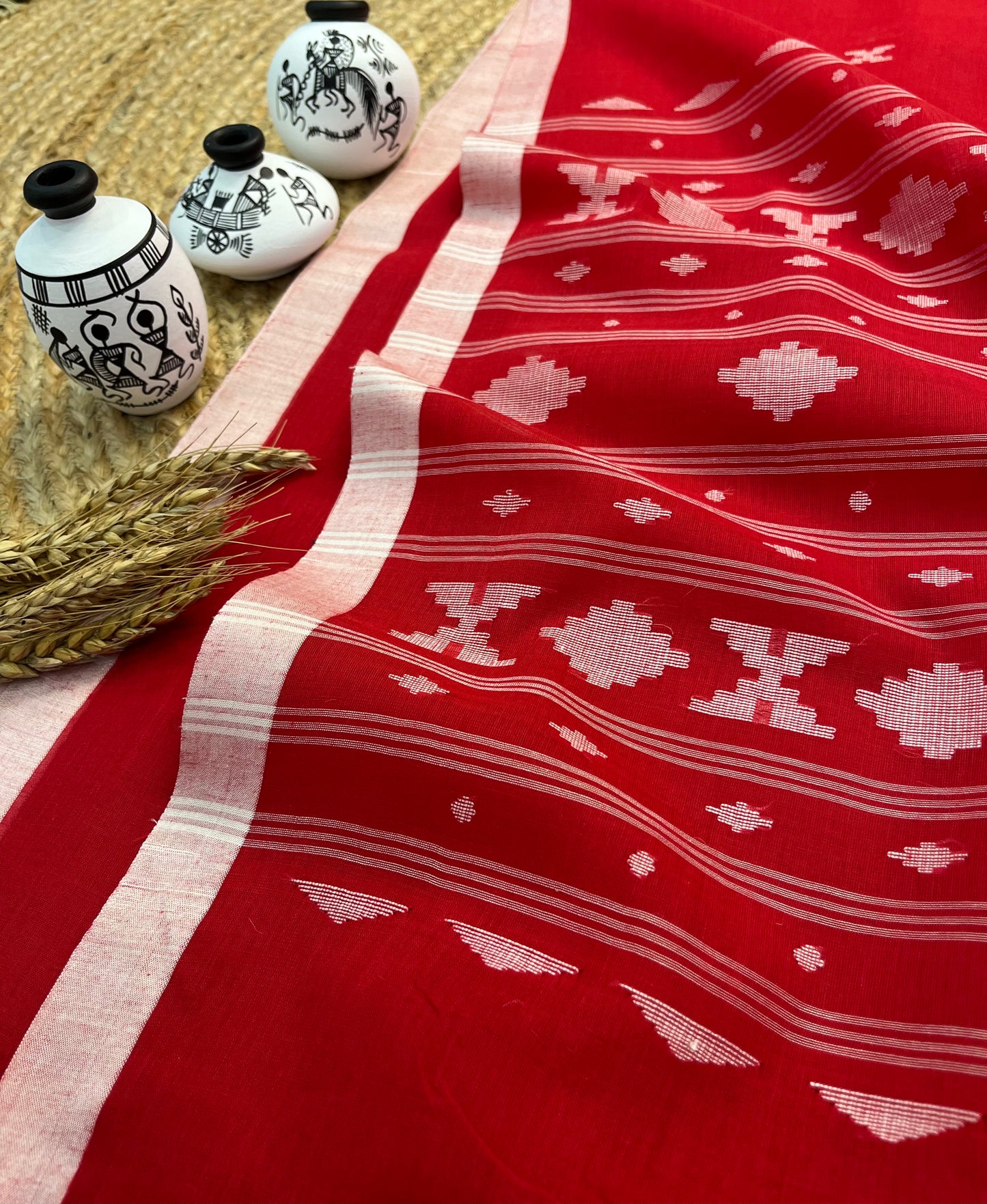 Vibrant Red Cotton Tangail Saree with Geometric Motifs - WEVOW