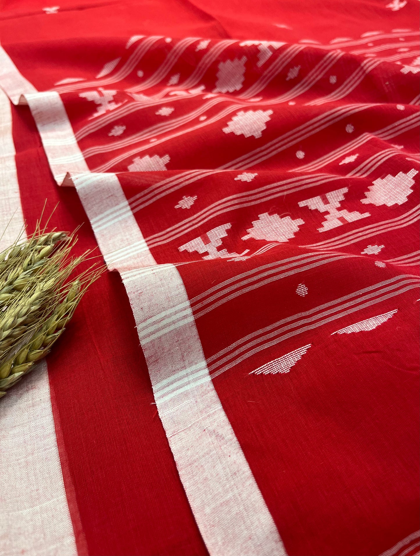 Vibrant Red Cotton Tangail Saree with Geometric Motifs - WEVOW
