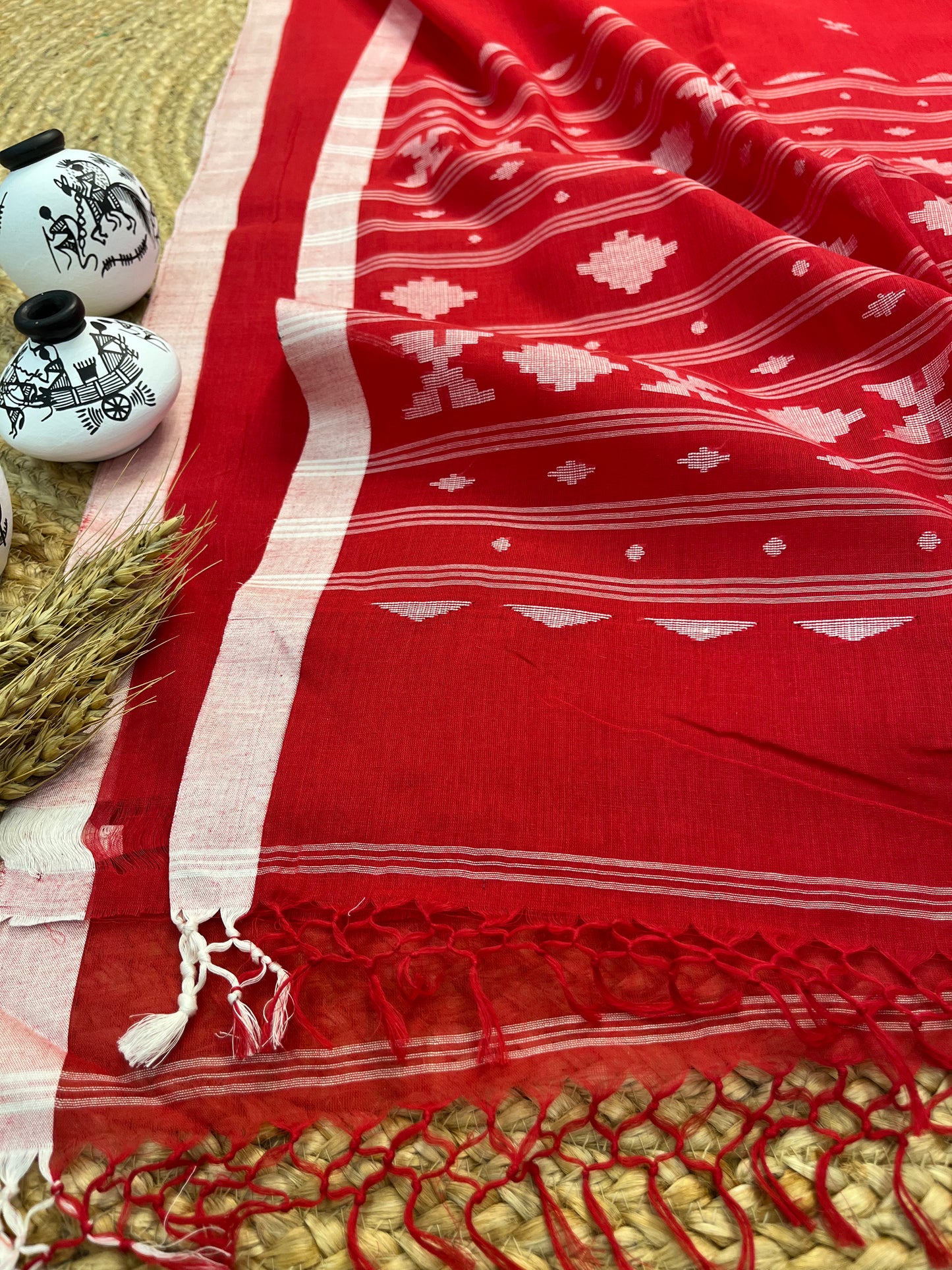 Vibrant Red Cotton Tangail Saree with Geometric Motifs - WEVOW