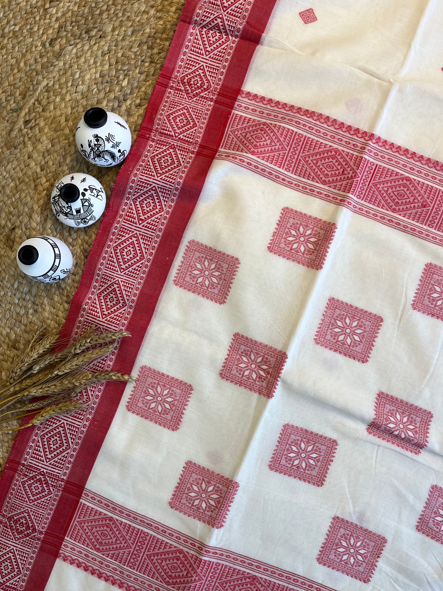 Traditional Handwoven Cotton Saree with Red Geometric Patterns - WEVOW