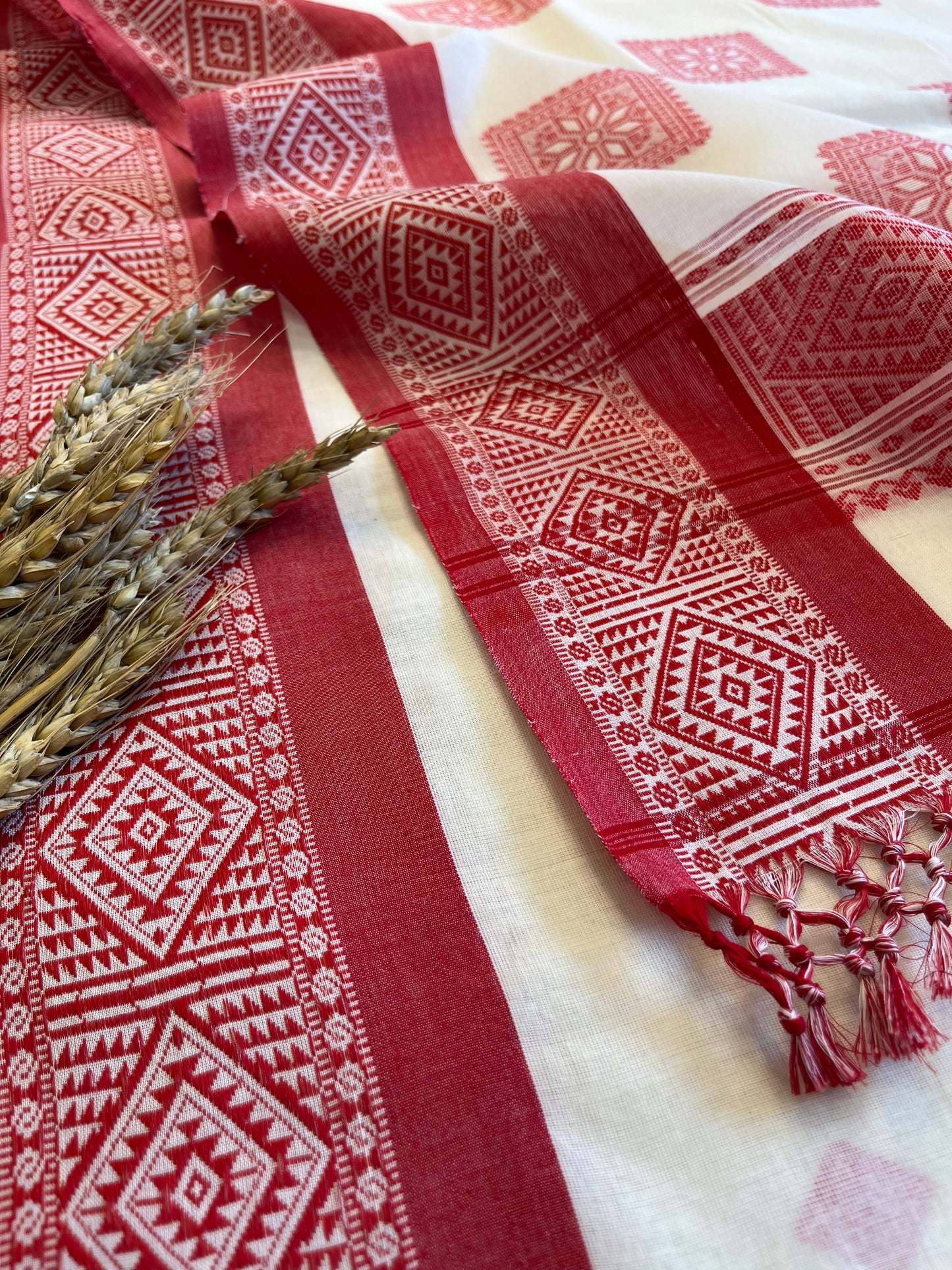 Traditional Handwoven Cotton Saree with Red Geometric Patterns - WEVOW
