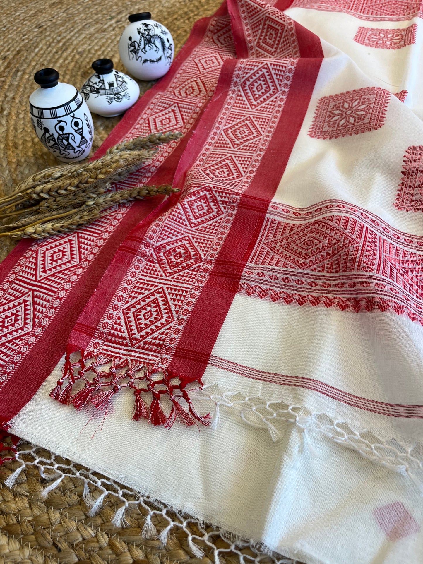 Traditional Handwoven Cotton Saree with Red Geometric Patterns - WEVOW
