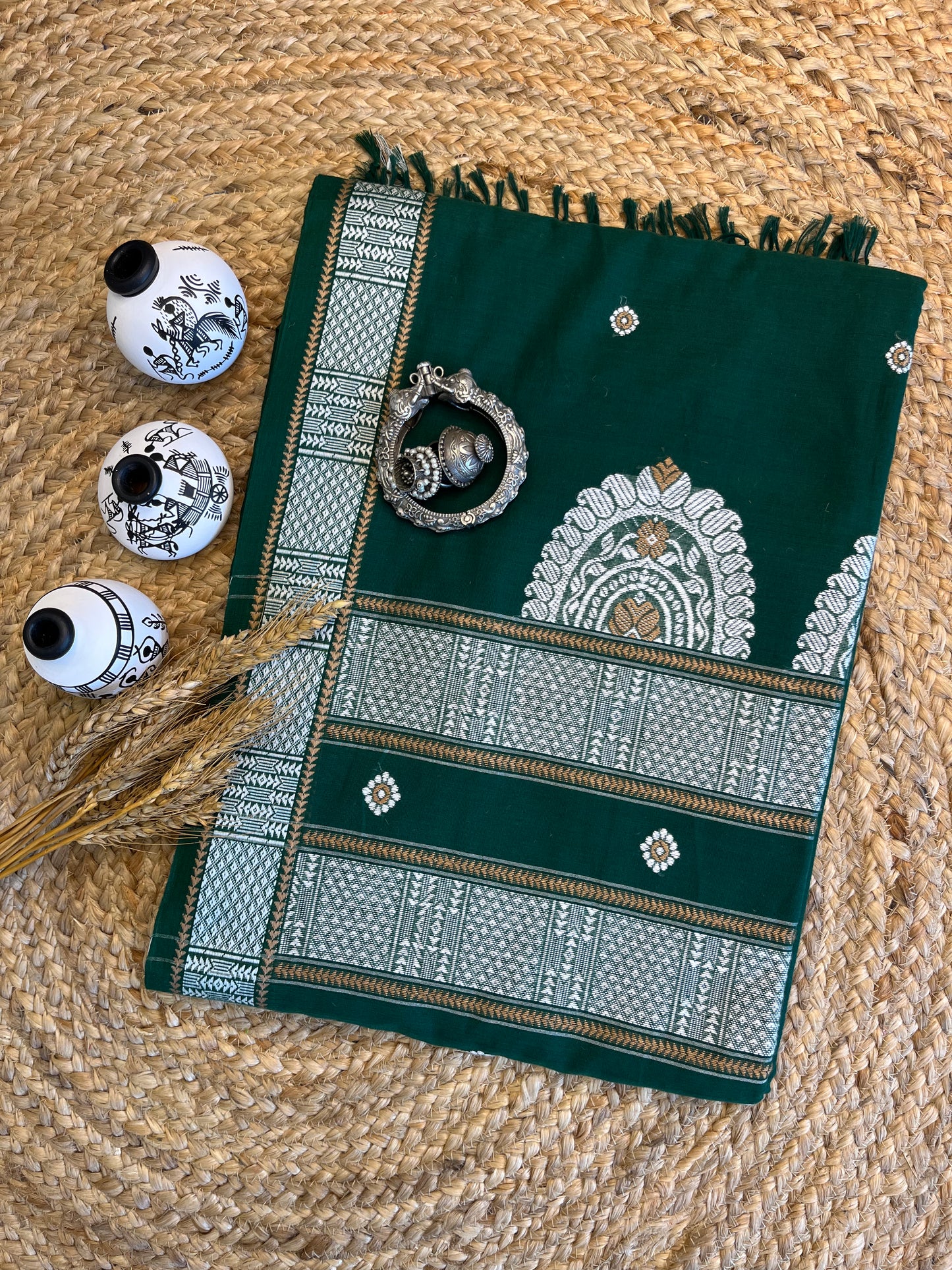 Emerald Elegance Handwoven Cotton Saree - WEVOW