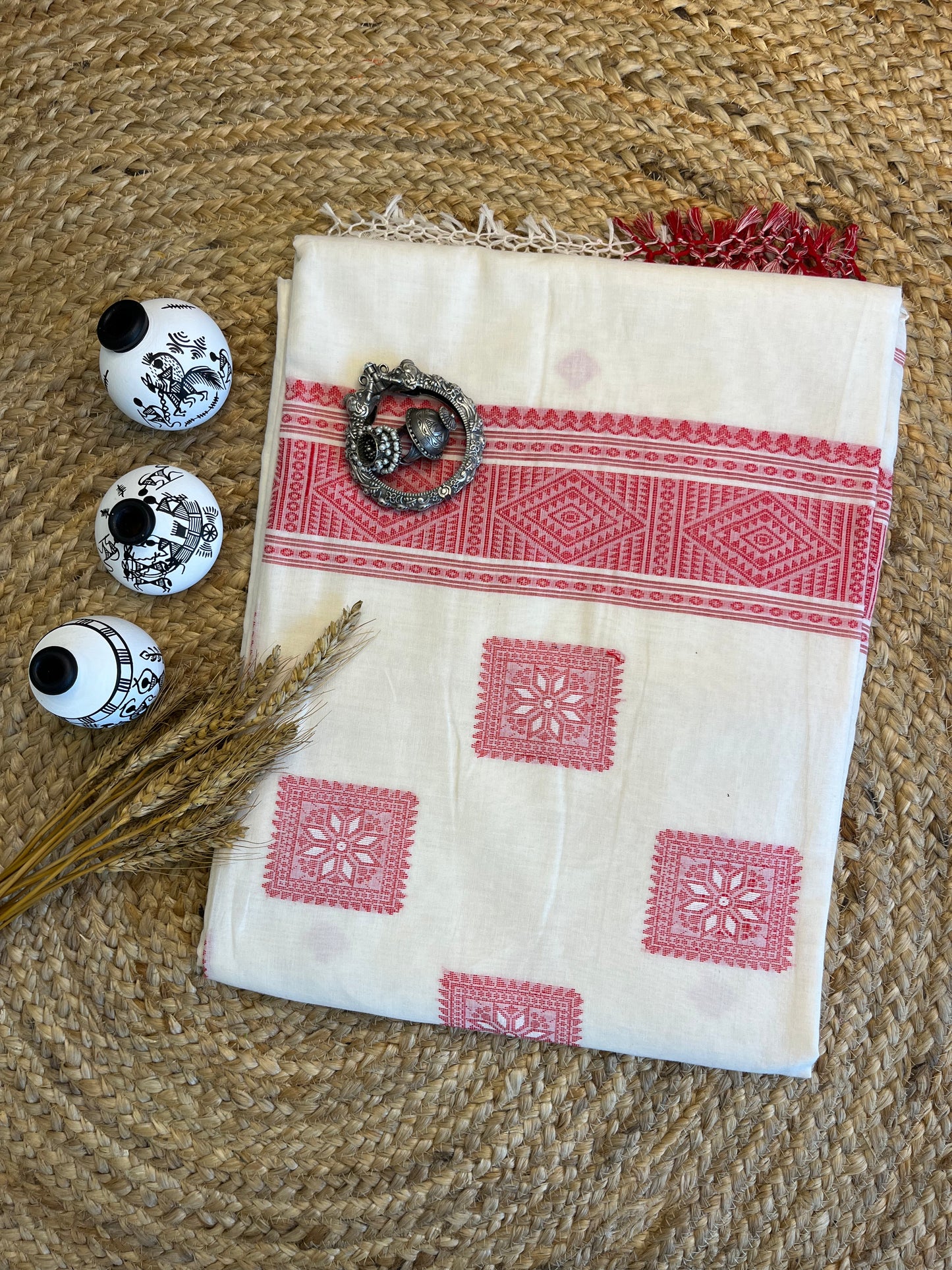 Traditional Handwoven Cotton Saree with Red Geometric Patterns - WEVOW
