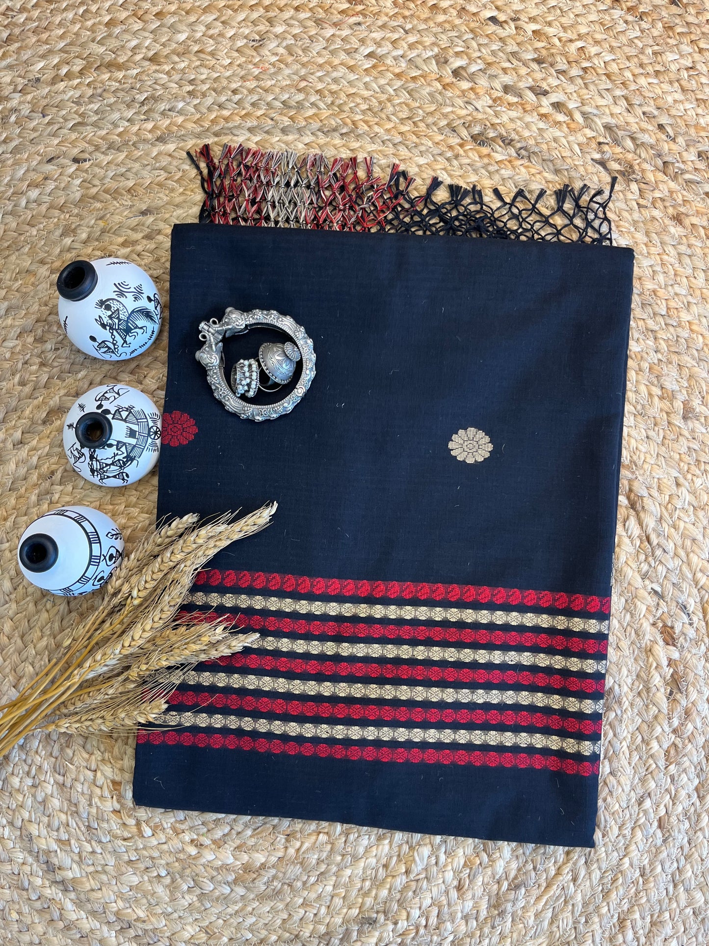 Midnight Elegance: Red and Black Ethnic Saree - WEVOW