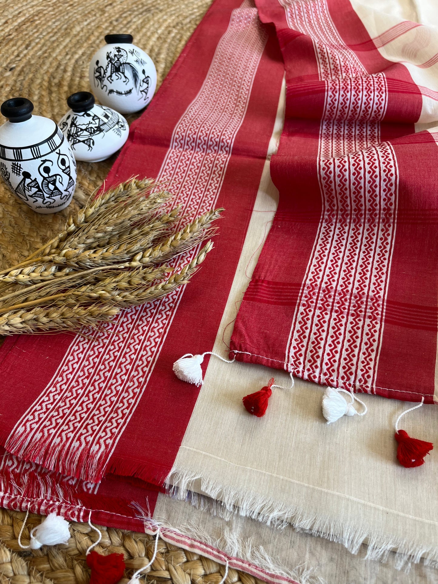 Classic Cream Saree with Red Borders - WEVOW
