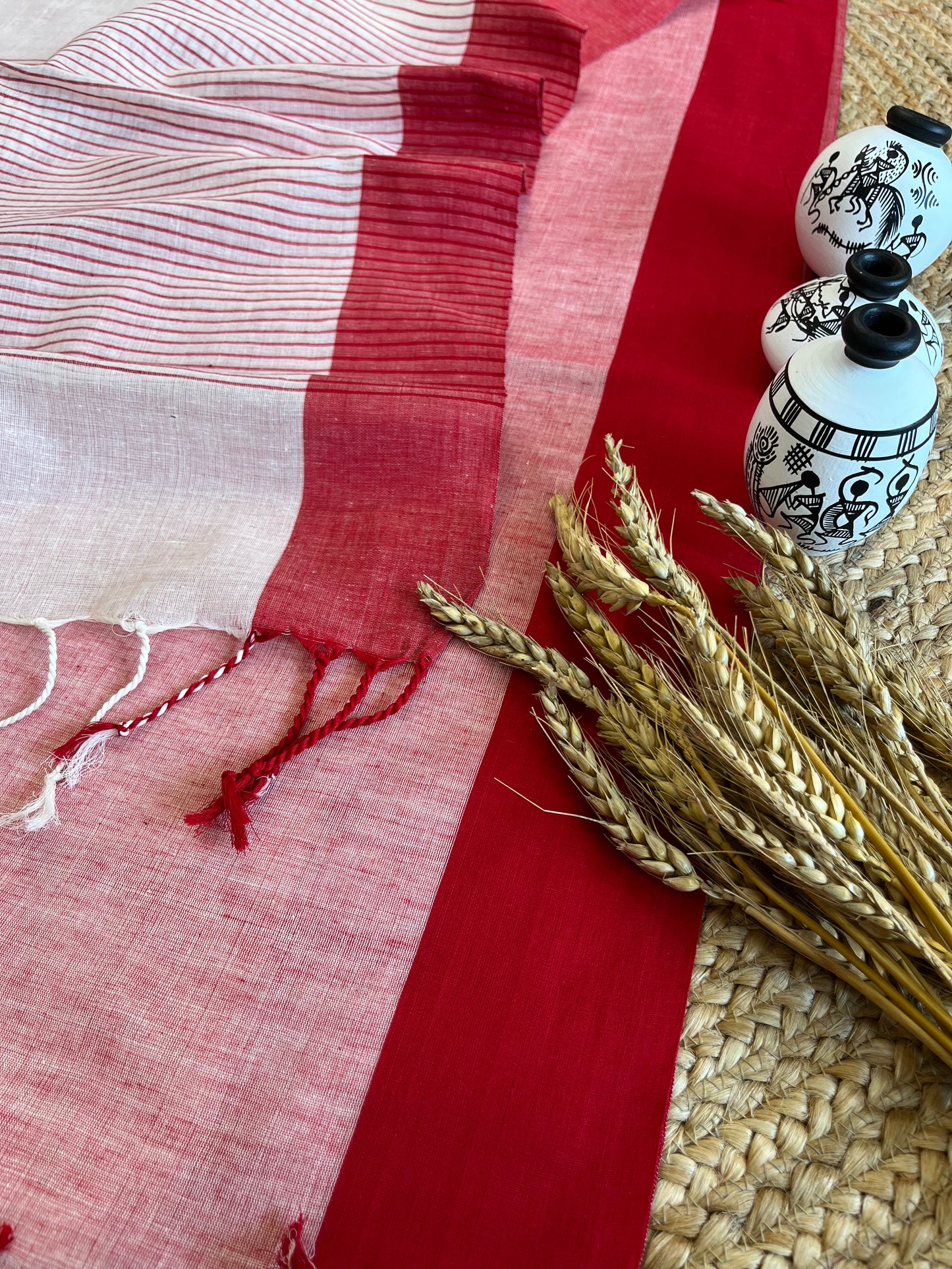 Red and Ivory Rhapsody Cotton Saree - WEVOW