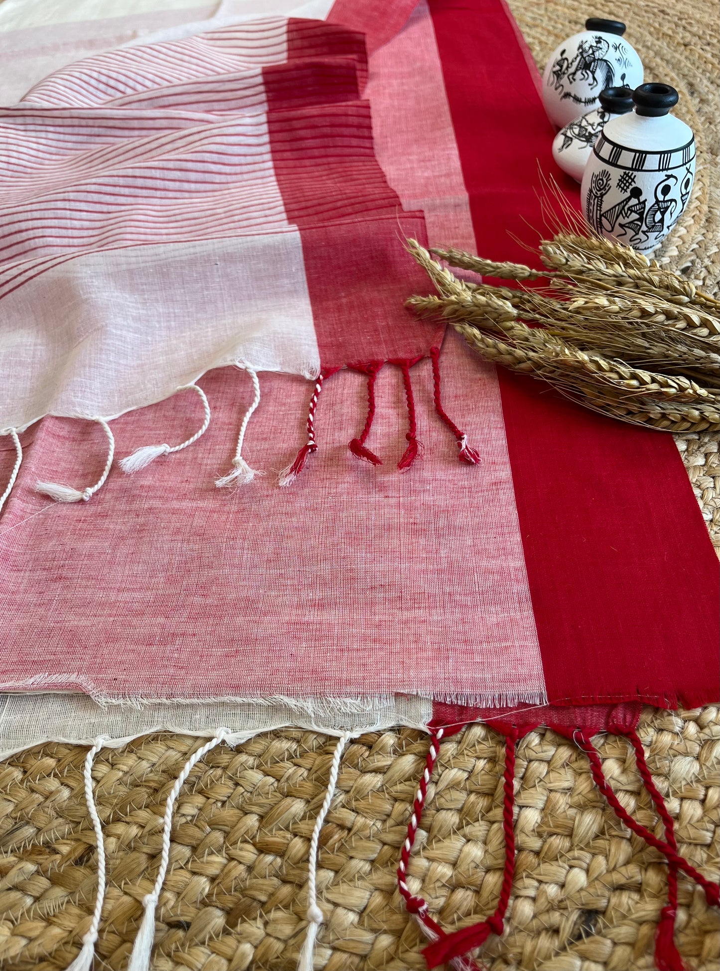 Red and Ivory Rhapsody Cotton Saree - WEVOW
