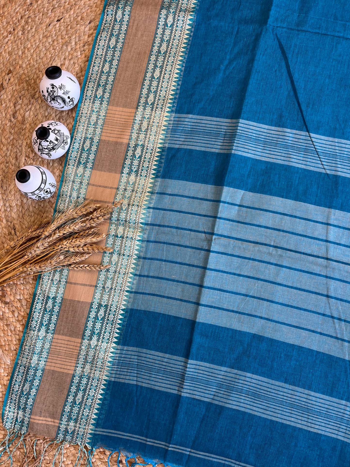 Teal Blue Rhapsody Cotton Saree - WEVOW