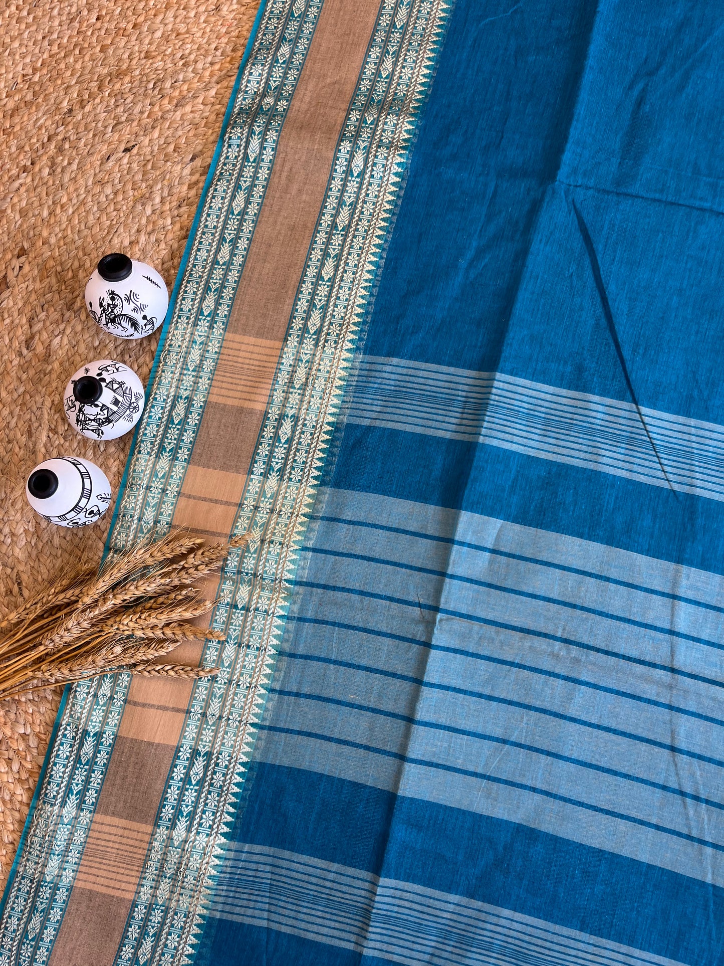 Teal Blue Rhapsody Cotton Saree - WEVOW