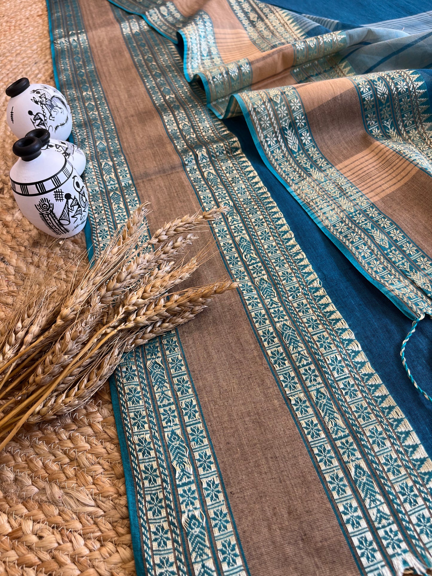 Teal Blue Rhapsody Cotton Saree - WEVOW