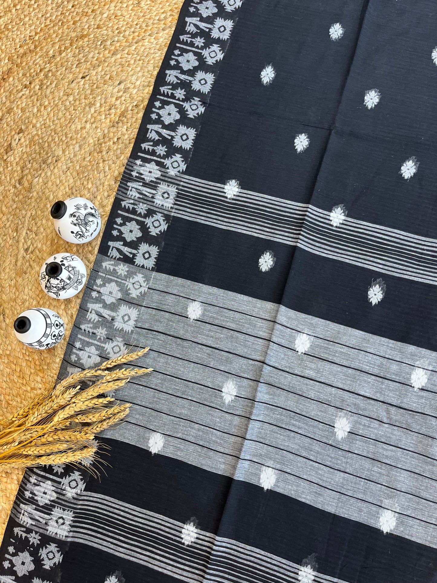 Black Beauty Cotton Jamdani Saree - WEVOW