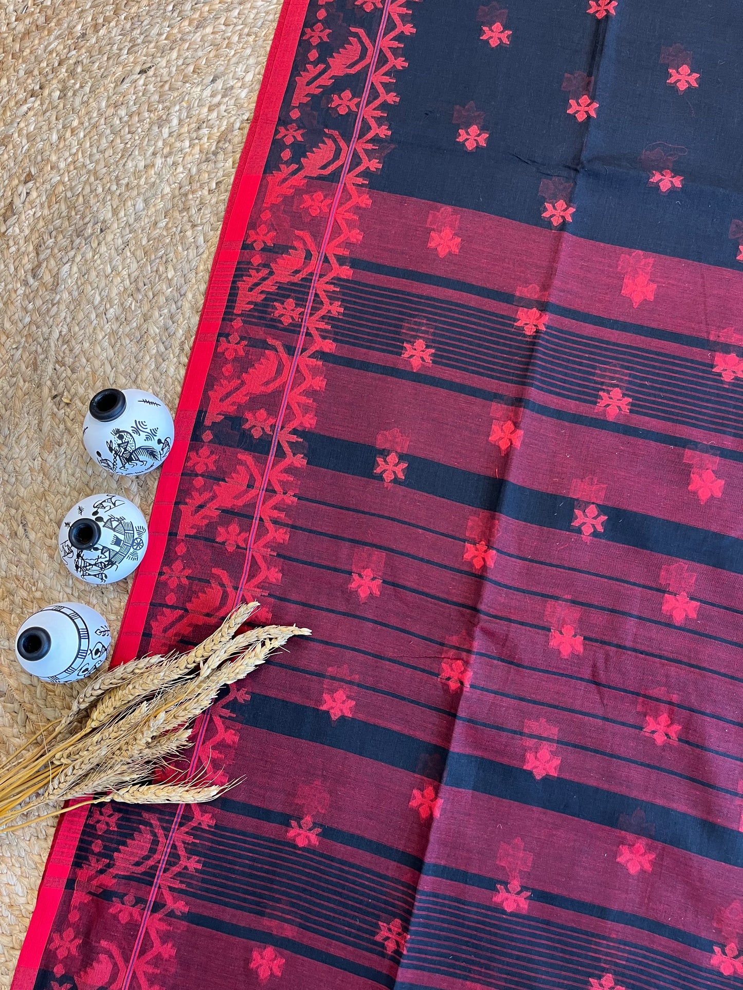 Red and Black Jamdani Cotton Saree - WEVOW