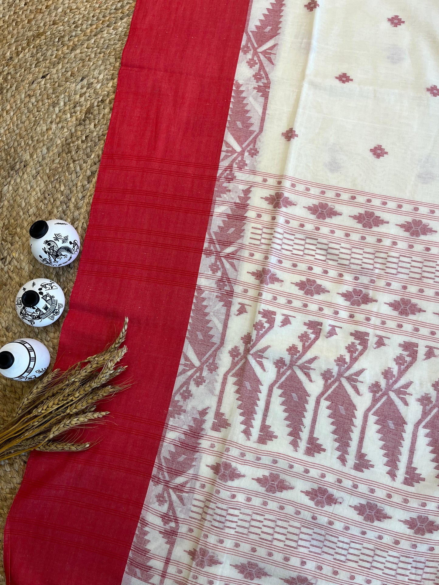 Red and White Cotton Saree - WEVOW