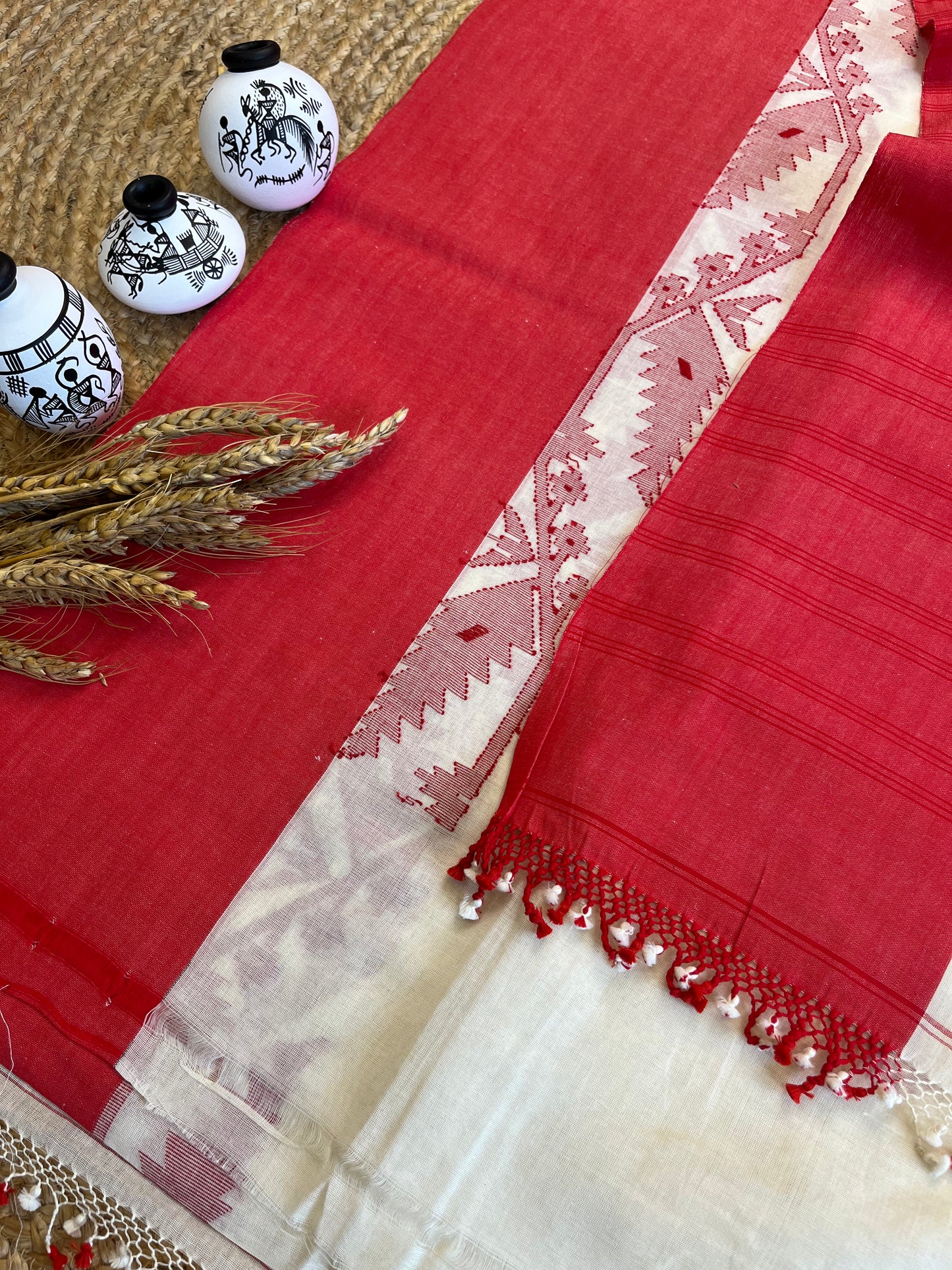 Red and White Cotton Saree - WEVOW