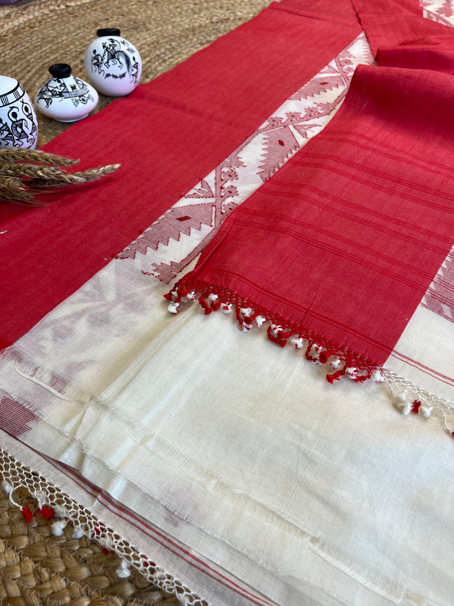 Red and White Cotton Saree - WEVOW