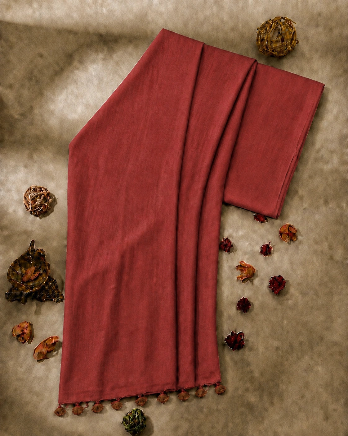 WEVOW Rust Red Pure Cotton Solid Color Saree with Tassel Pallu