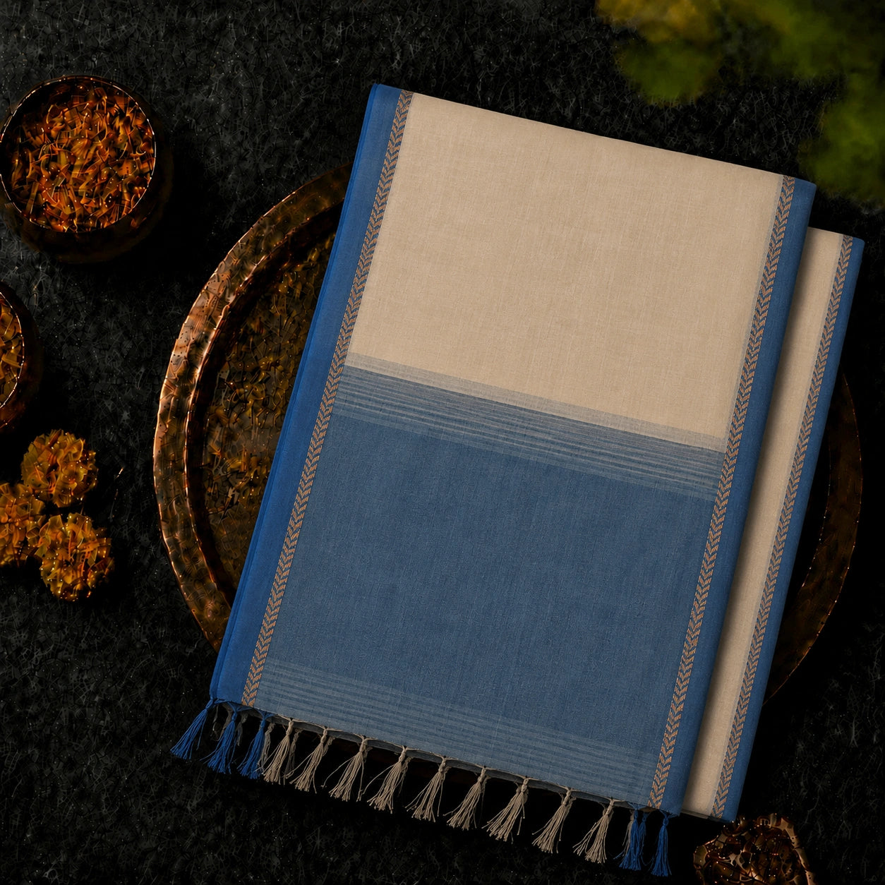 Cotton Handloom Off-White & Indigo Blue Saree with Minimalist Woven Border