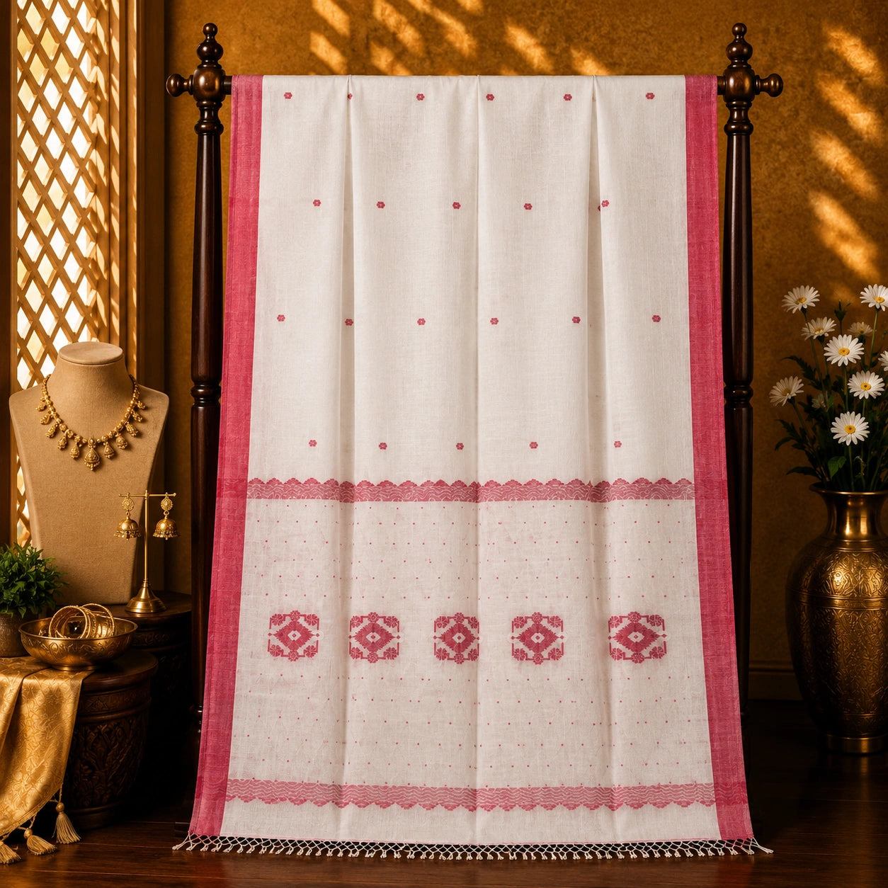 White Handloom Pure Cotton Saree with Red Woven Border and Traditional Motif Pallu