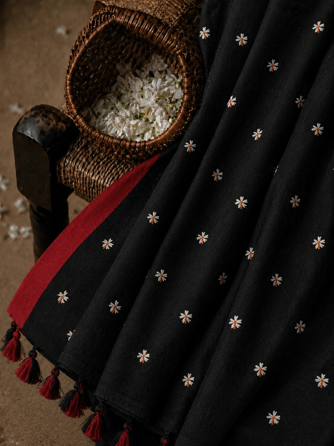 Black Cotton Handloom Saree with White Floral Buti Motifs, Red Border & Tassel Pallu