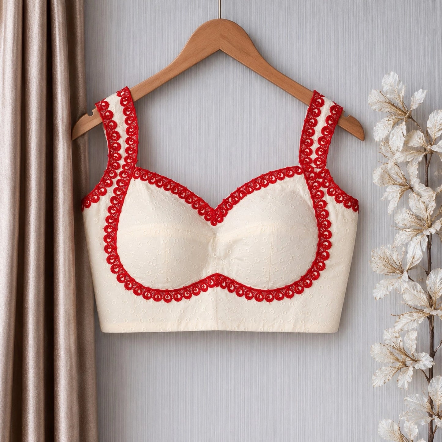 White Hakoba Cotton Sleeveless Padded Blouse with Red Lace Trim Sweetheart Neck