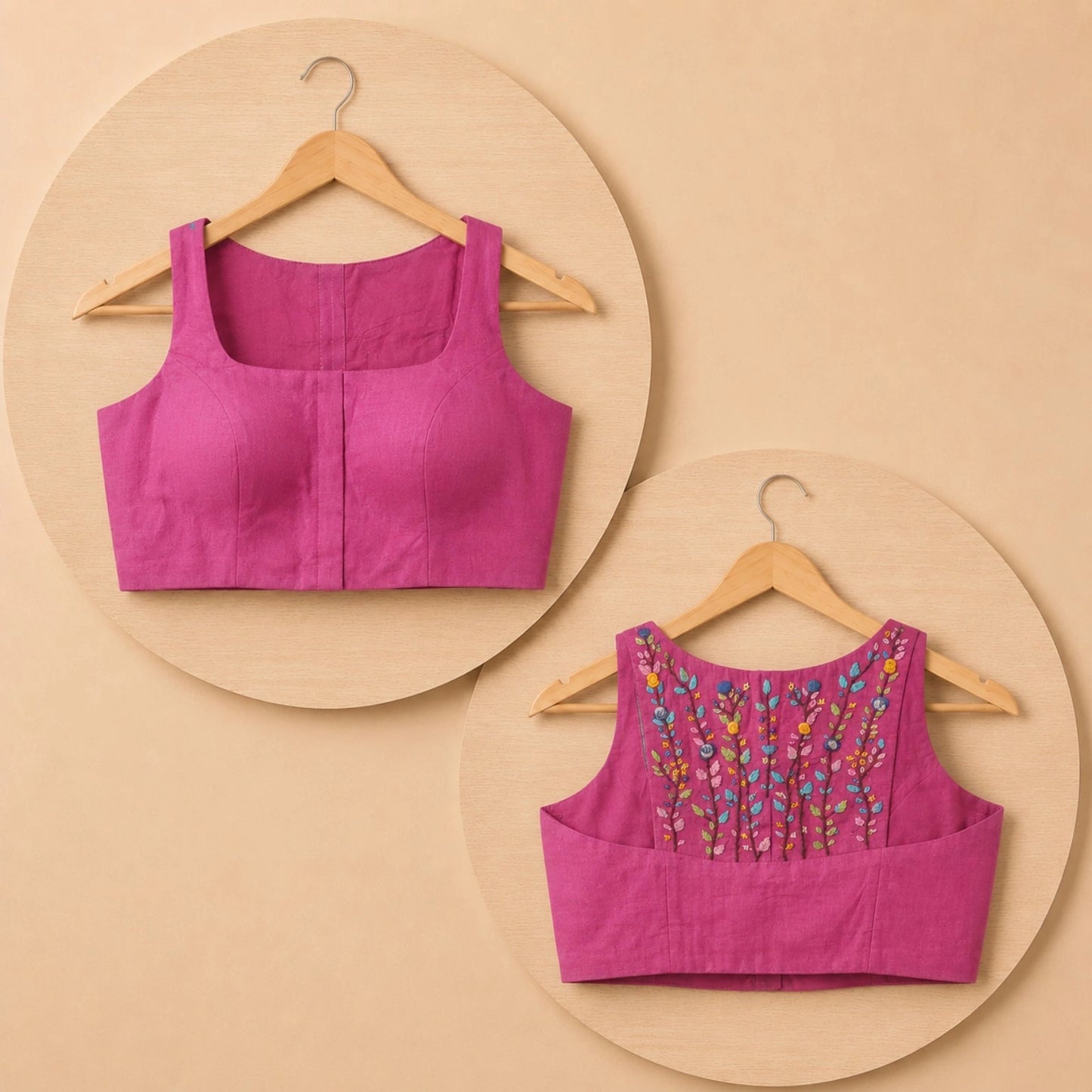 Rani Pink Pure Cotton Multicolor Floral Thread Work Sleeveless Razor Cut Blouse