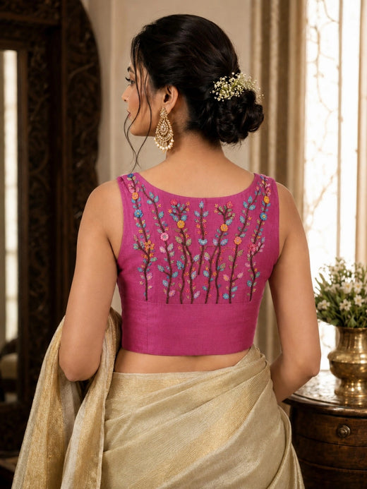 Rani Pink Pure Cotton Multicolor Floral Thread Work Sleeveless Razor Cut Blouse