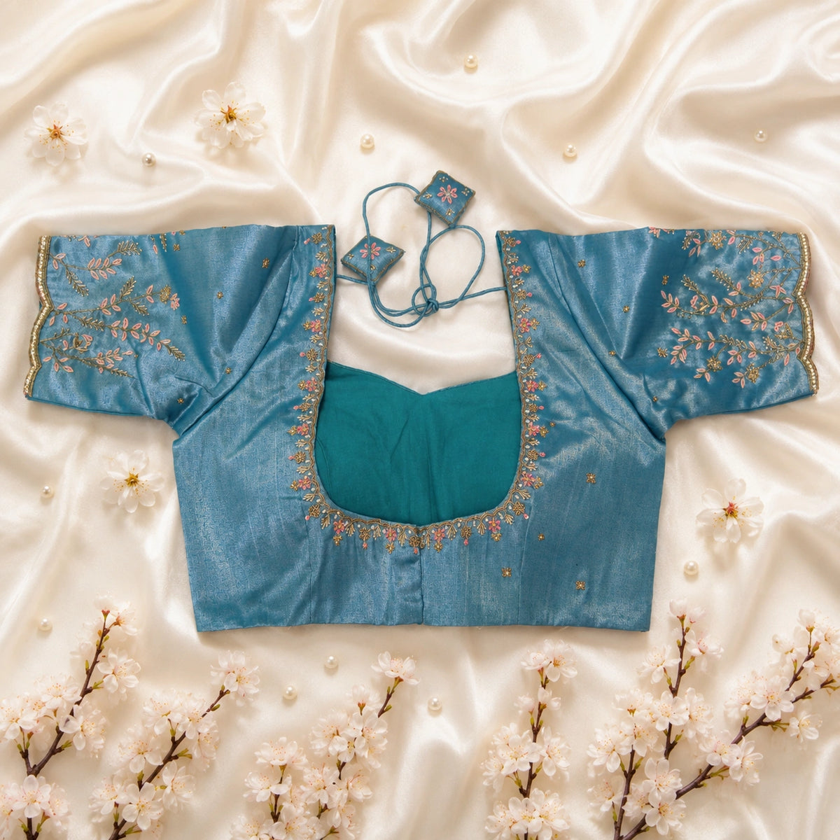 Sky Blue Tissue Ari Work Embroidered Glass Sleeve Blouse for Women Sweetheart Neck