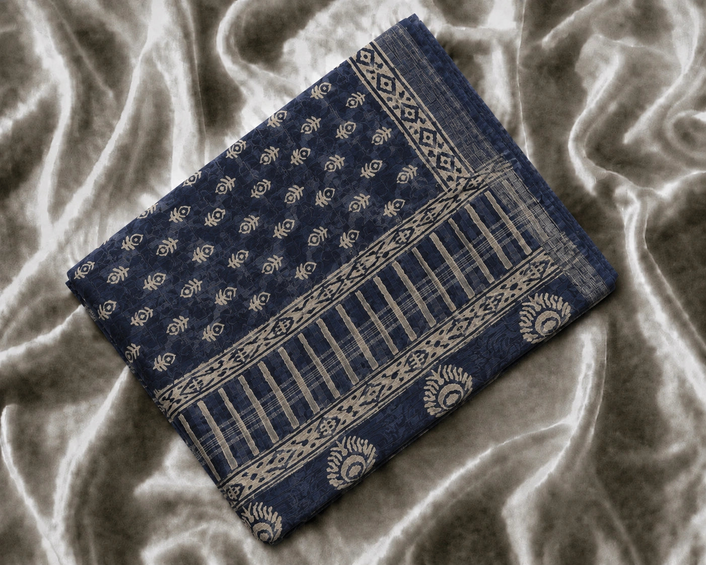 Indigo Blue Linen Print Saree with Ethnic Block Motifs & Decorative Pallu Design