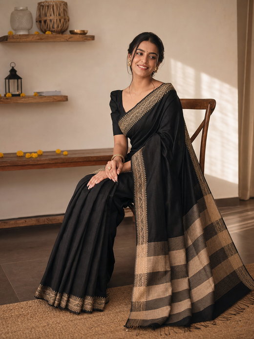 Classic Black Pure Cotton Handloom Saree with Traditional Woven Border and Striped Pallu on model