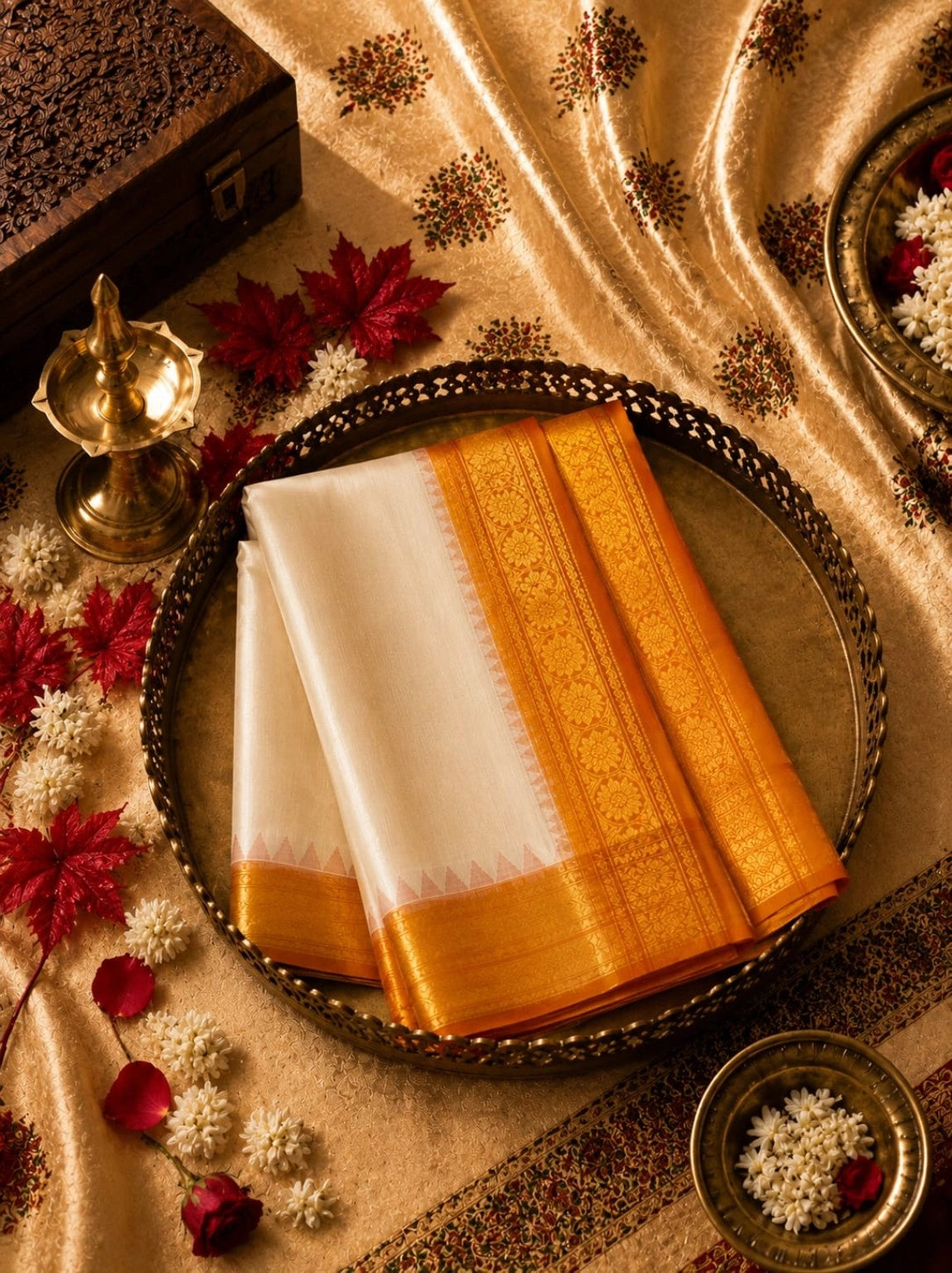 Pure Cotton Gadwal Saree in Ivory White with Golden Orange Zari Border & Maroon Contrast Pallu