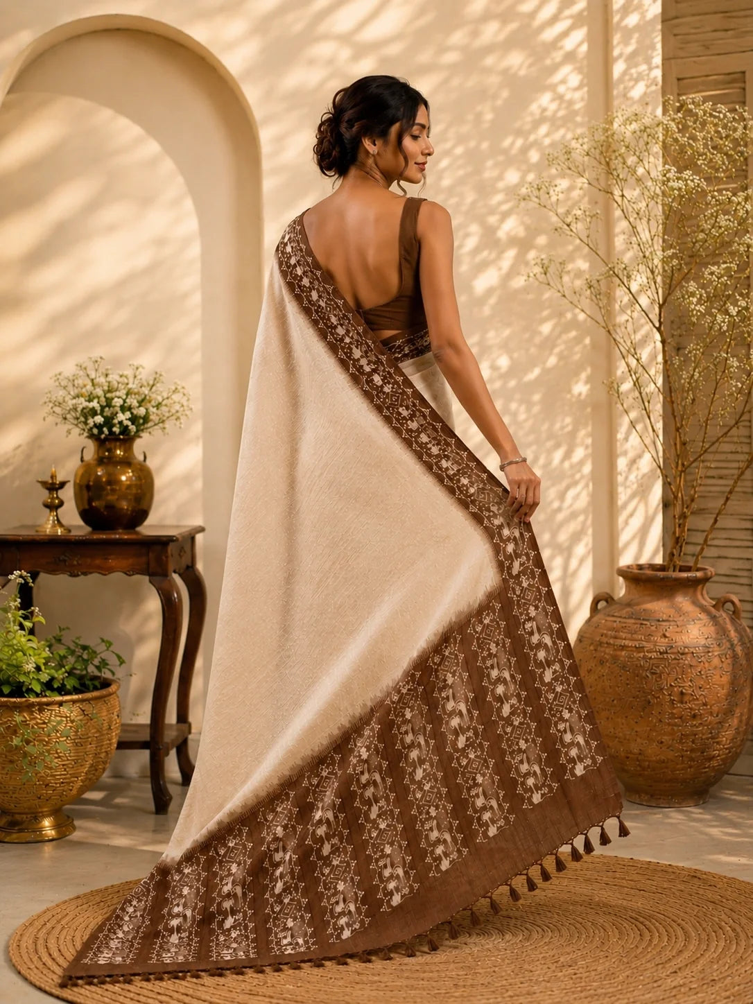 Cream Semi Tussar Jamdani Saree image 3