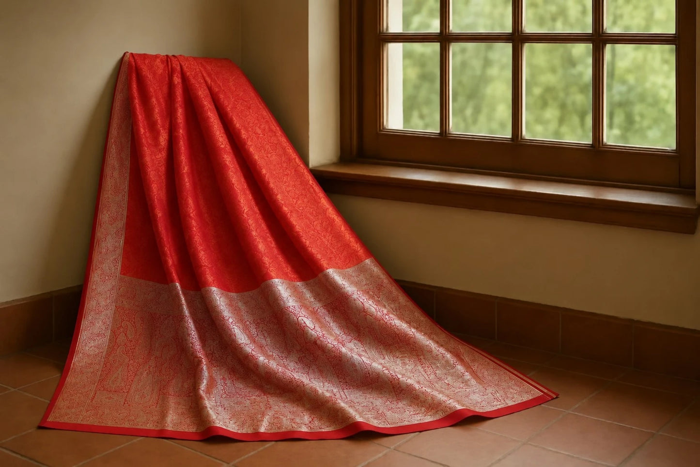 WEVOW Pure Tanchoi Banarasi Saree Red Pallu Detail