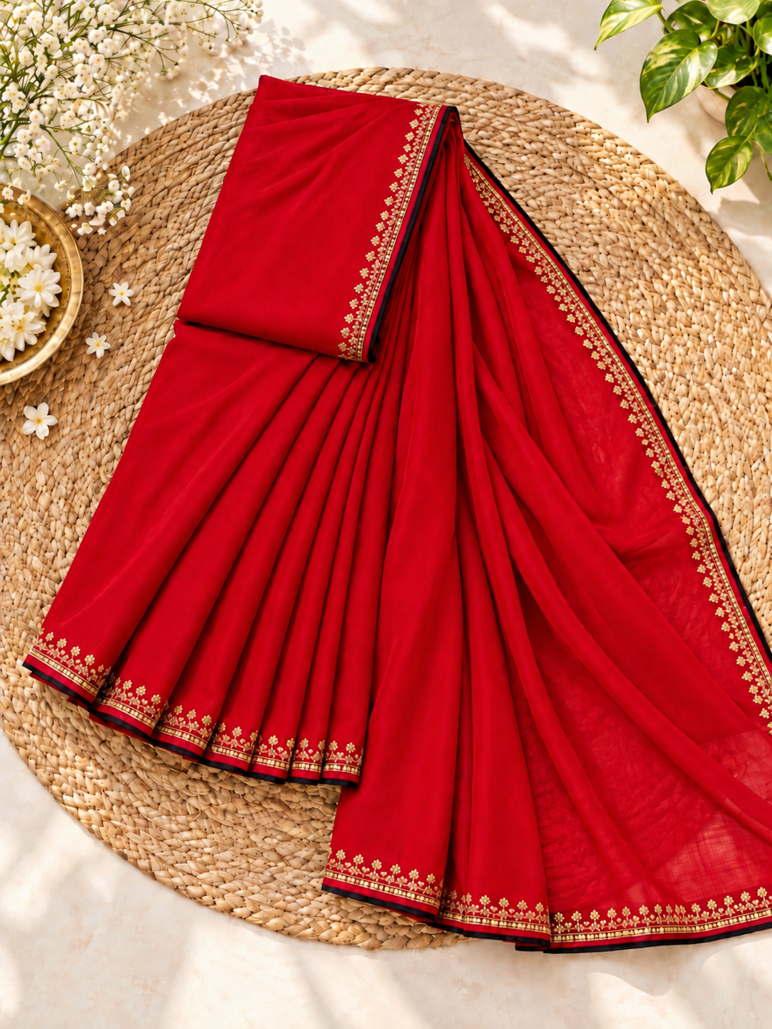 Red Vichitra Silk AD Stone Work Saree with Golden Floral Border
