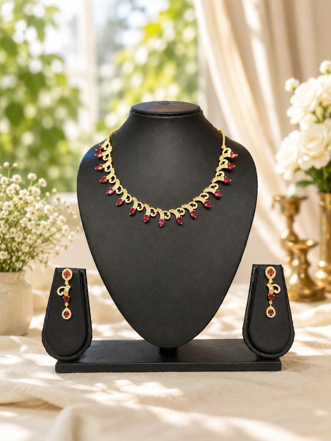 Gold-Tone Ruby Red Teardrop Stone Necklace Set with Matching Drop Earrings