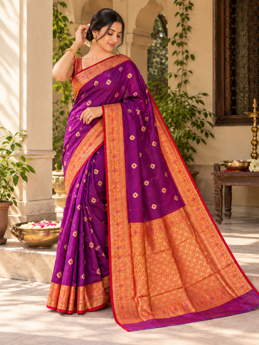 Purple Semi Katan Big Buta Kanji Saree with Red Gold Zari Border