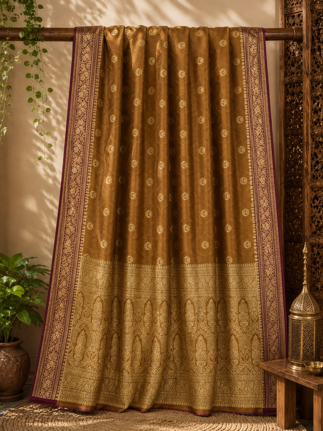 Golden Mustard Matka Khaddi Banarasi Saree with Floral Zari Border