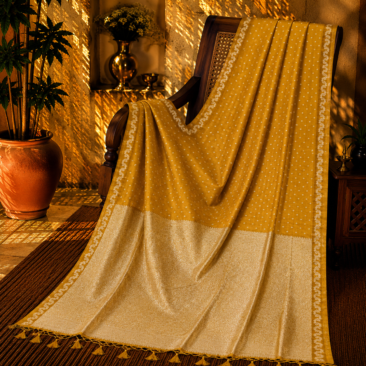 Mustard Yellow Satin Mashru Silk Saree with Woven Silver Zari Border & Buti Design Festive Ethnic Wear