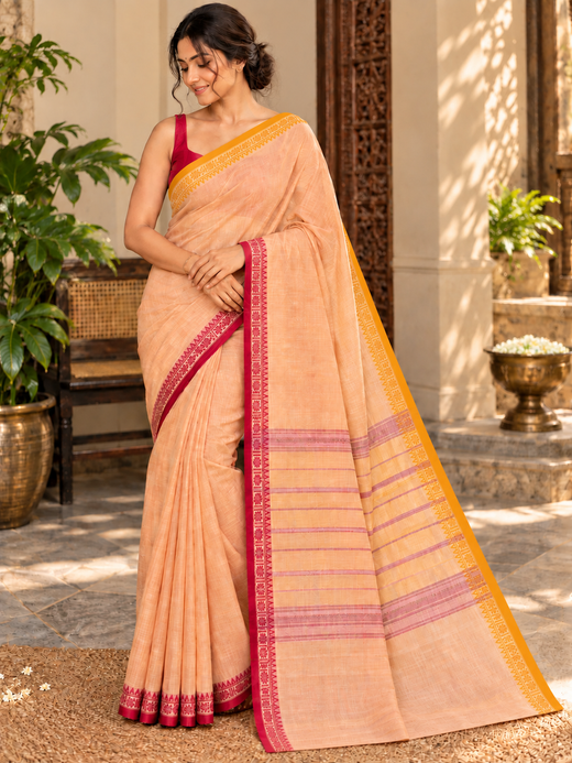 Peach Pure Cotton Dhonekhali Saree with Red & yellow Woven Border