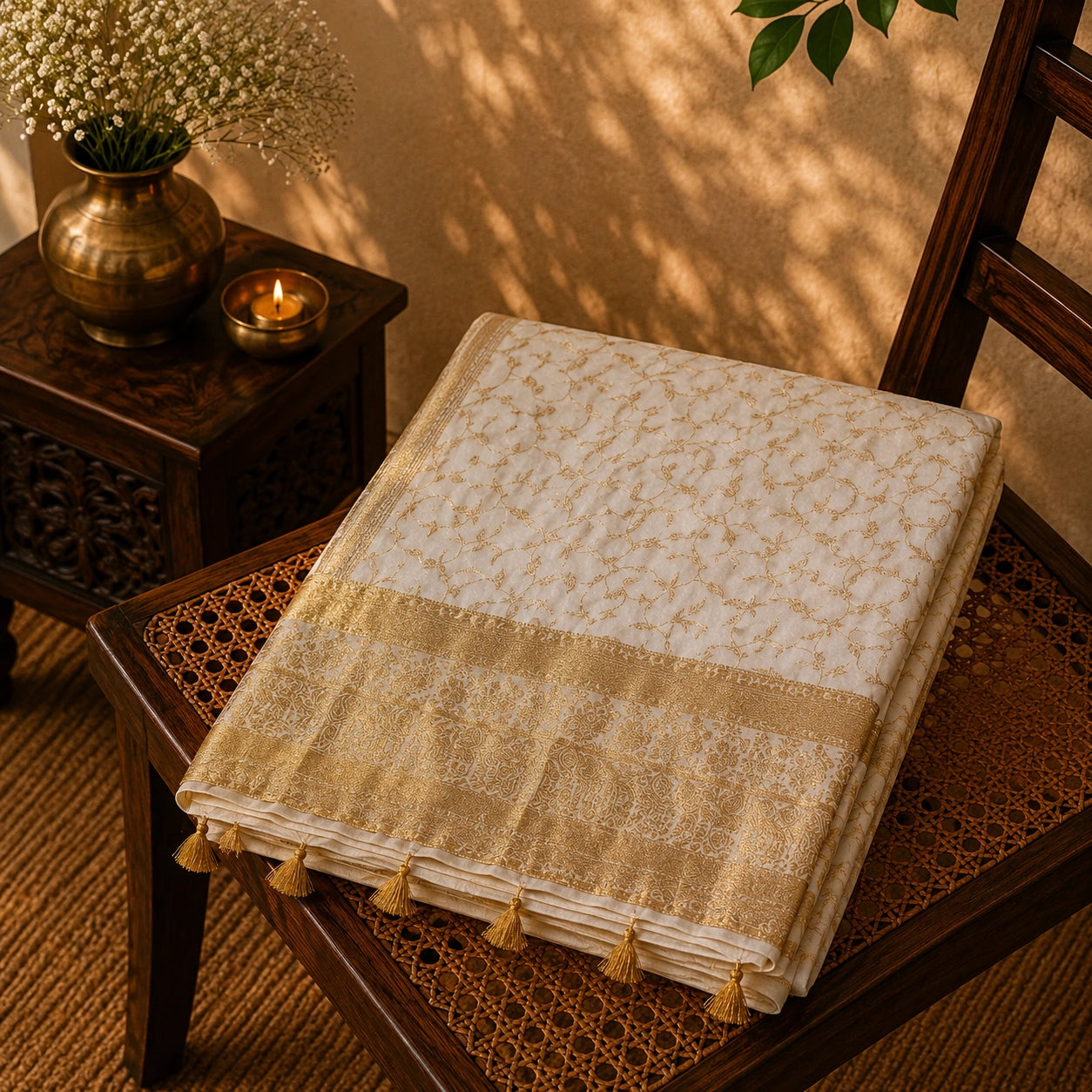 Ivory White Pure Masru Silk Saree with Gold Floral Vine Weaving and Ornate Zari Border