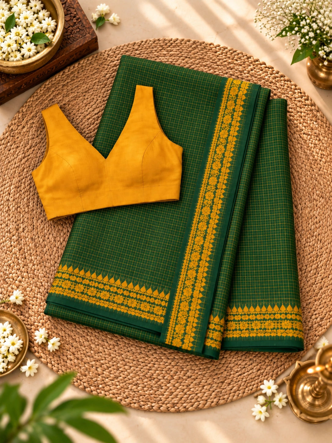 Bottle Green Pure Cotton Dhonekhali Check Saree with Mustard Yellow Woven Border