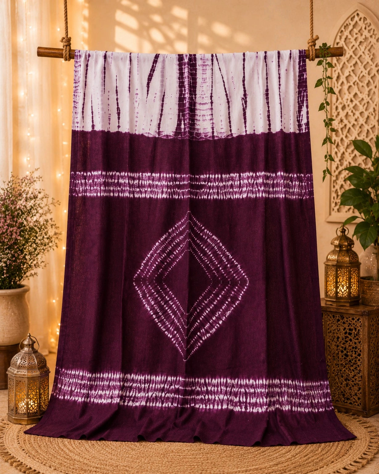 Deep Plum & Ivory Mul Cotton Shibori Tie-Dye Saree with Diamond Motif Pallu