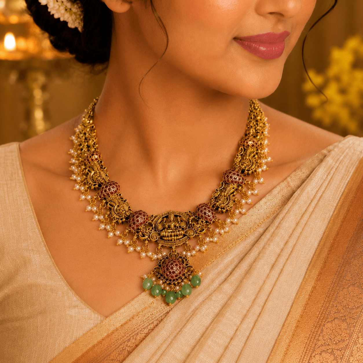 Antique Lakshmi Temple Jewellery Set with Green Beads