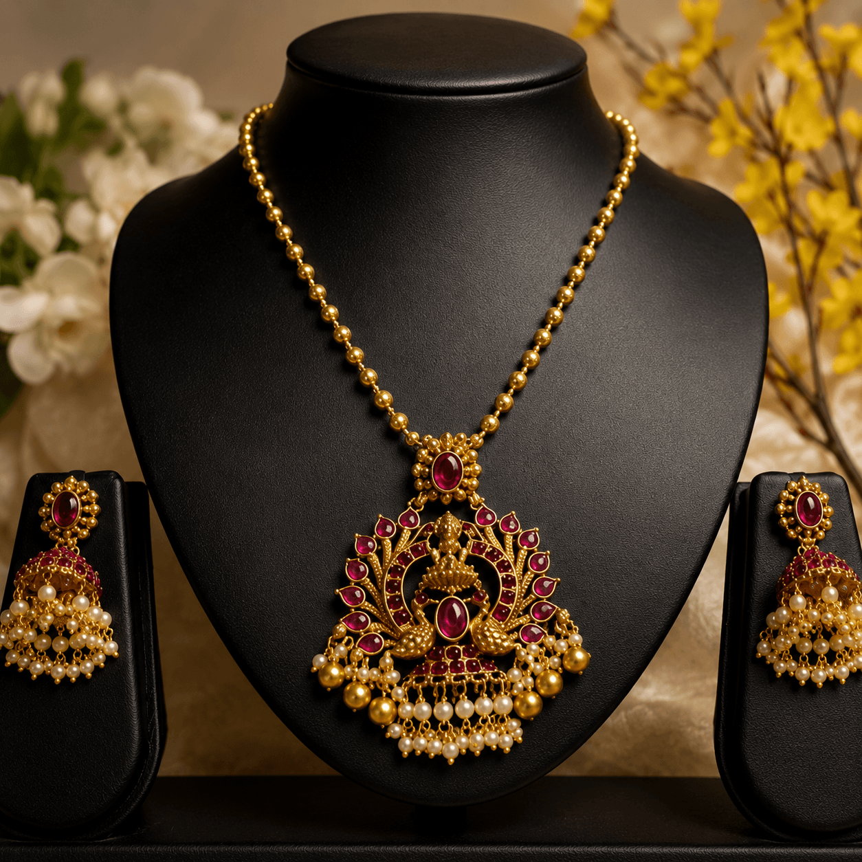 Traditional Temple Pendant Jewellery Set with Pearl Jhumkas