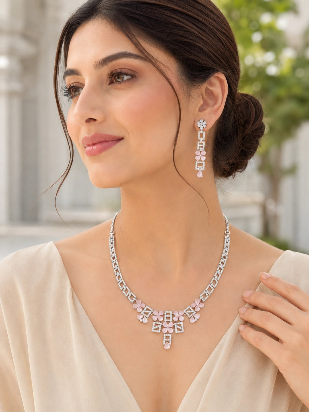 Silver-Tone Pink Floral Stone Necklace Set with Matching Drop Earrings
