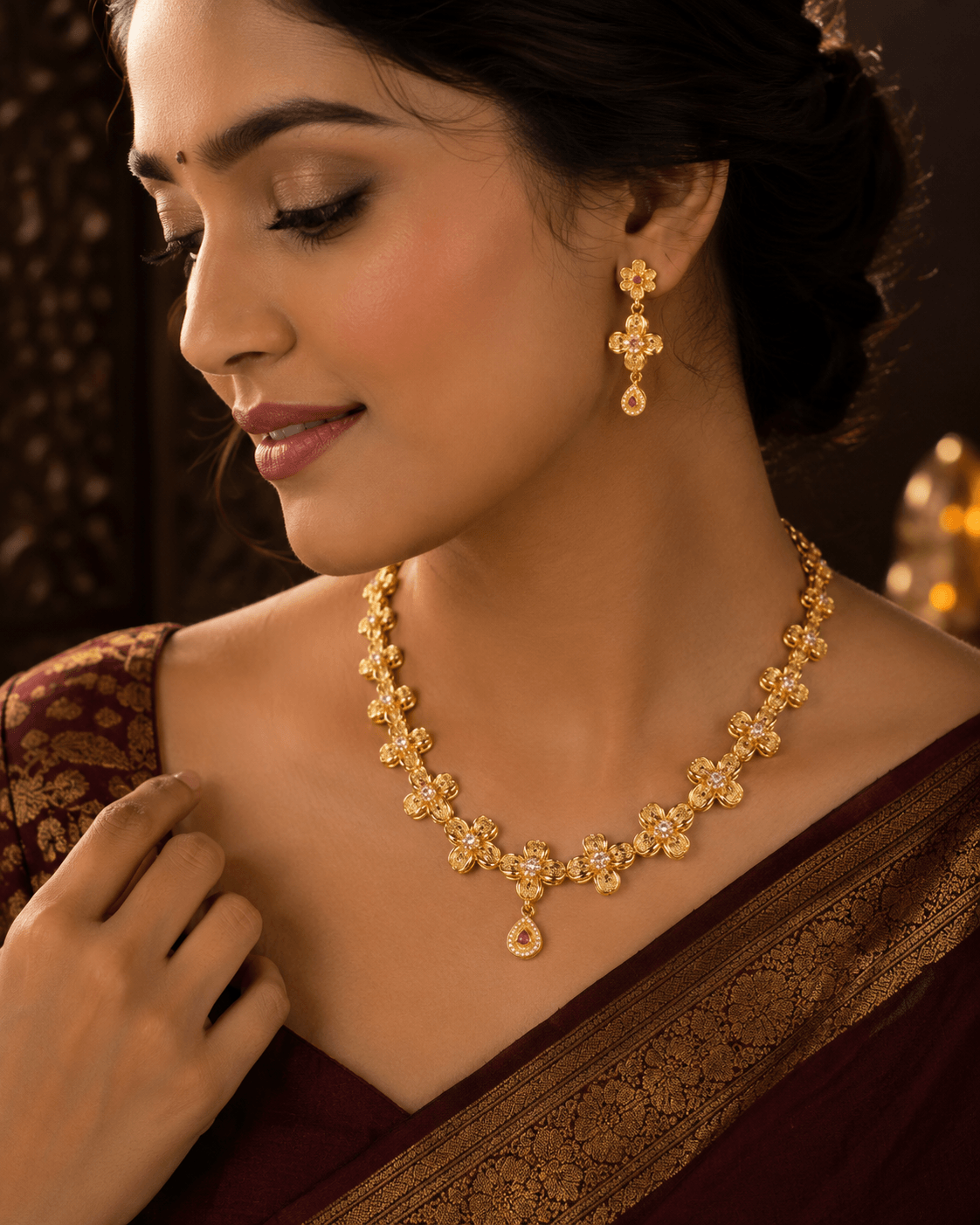 Floral Gold Plated Necklace Set with Designer Earrings