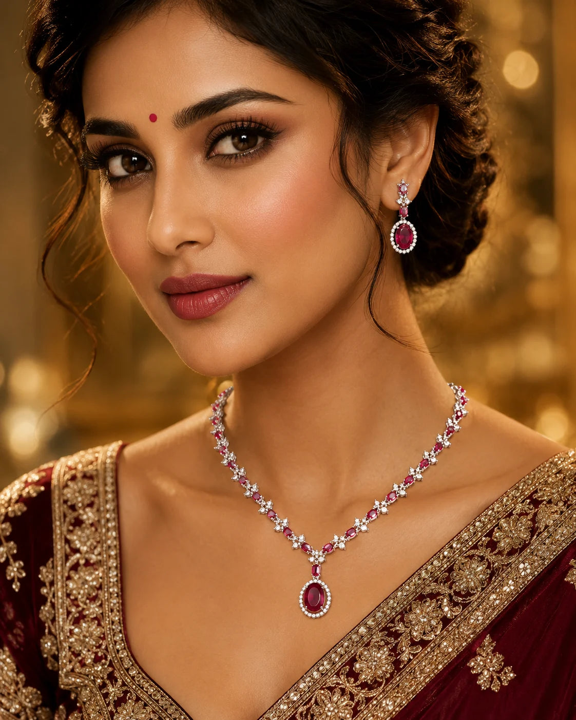 Ruby Red Crystal Necklace Set with Earrings