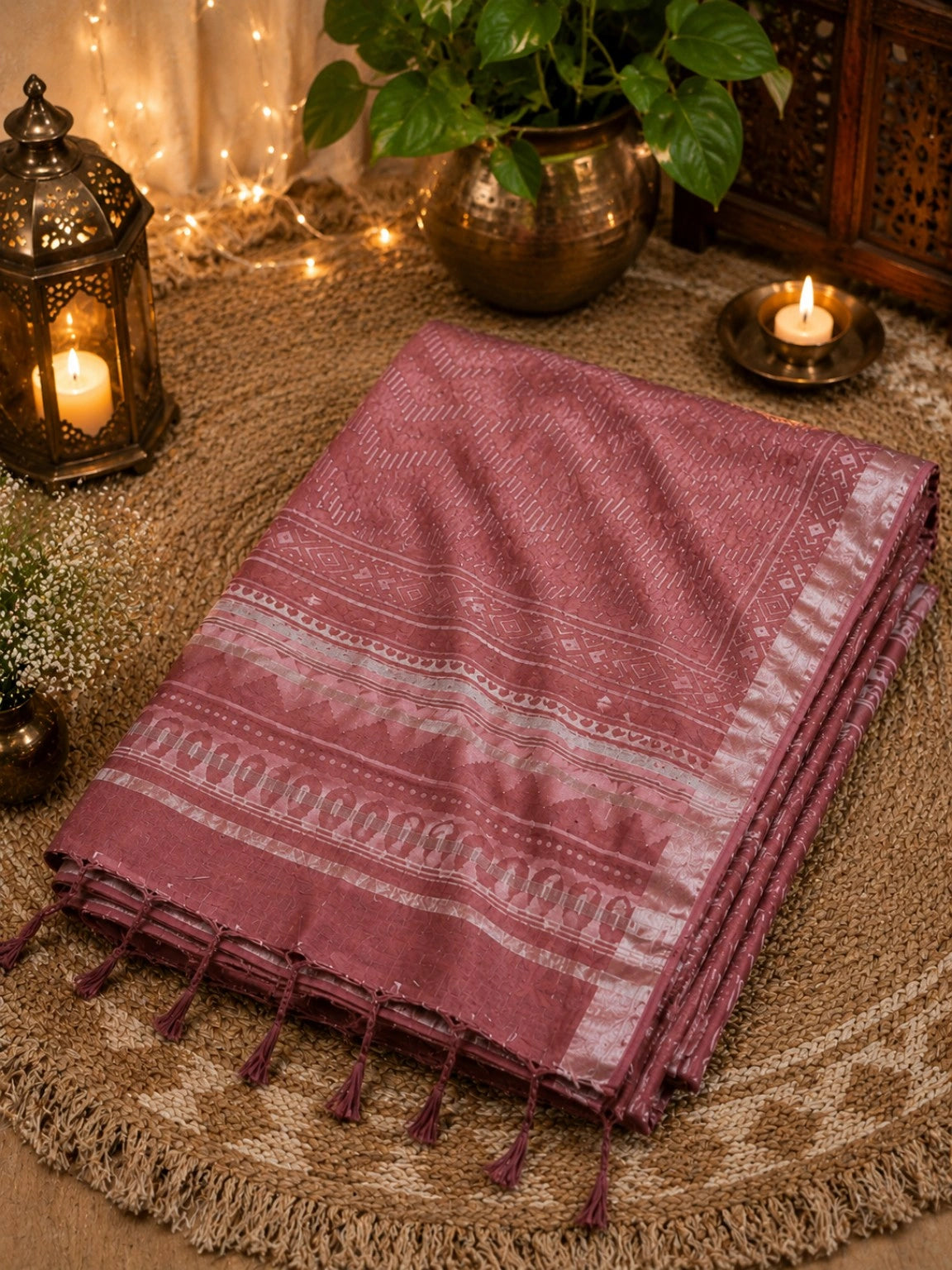 Dusty Rose Linen Bagru Print Saree with Geometric Tribal Motifs & Silver Border