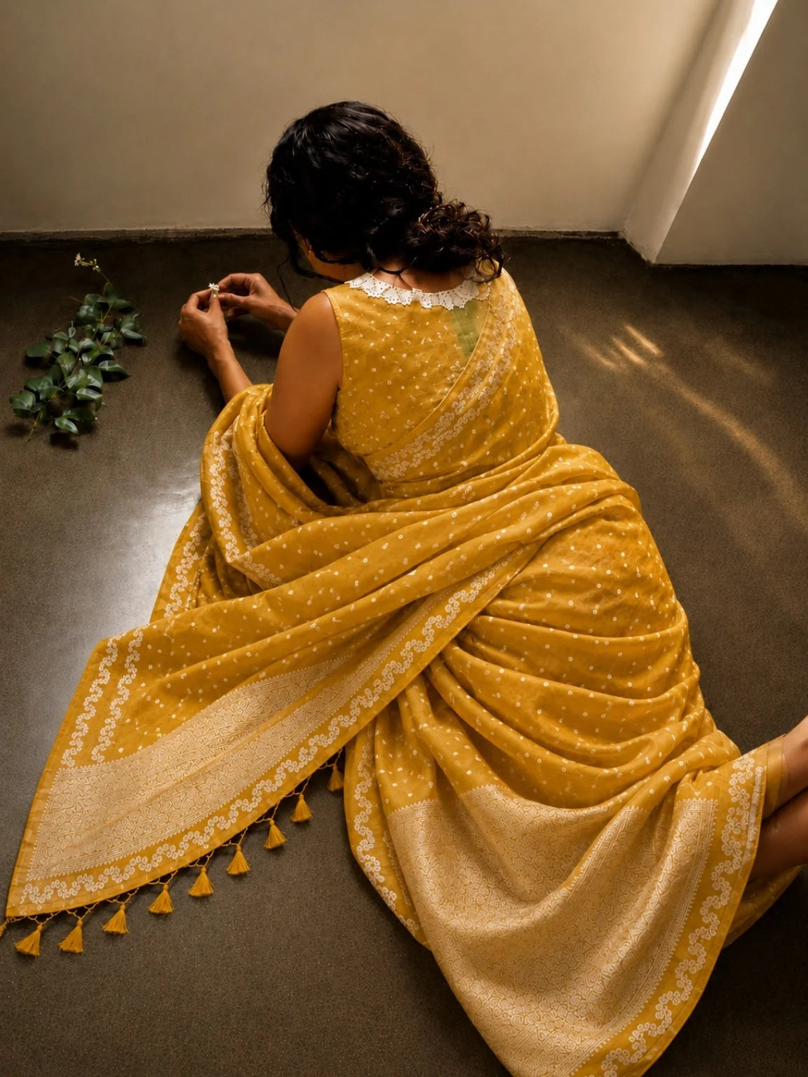 Mustard Yellow Satin Mashru Silk Saree with Woven Silver Zari Border & Buti Design Festive Ethnic Wear